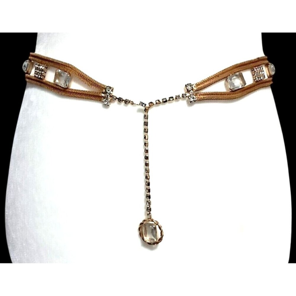 Vintage Rhinestone Belt Clear Stones Gold Tone Mesh Adjustable Dangling Charm Co